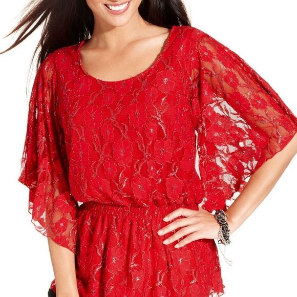 New! STYLE & CO Metallic Floral Stretch Lace Petite Top Blouse Red Smocked Waist - Picture 2 of 2